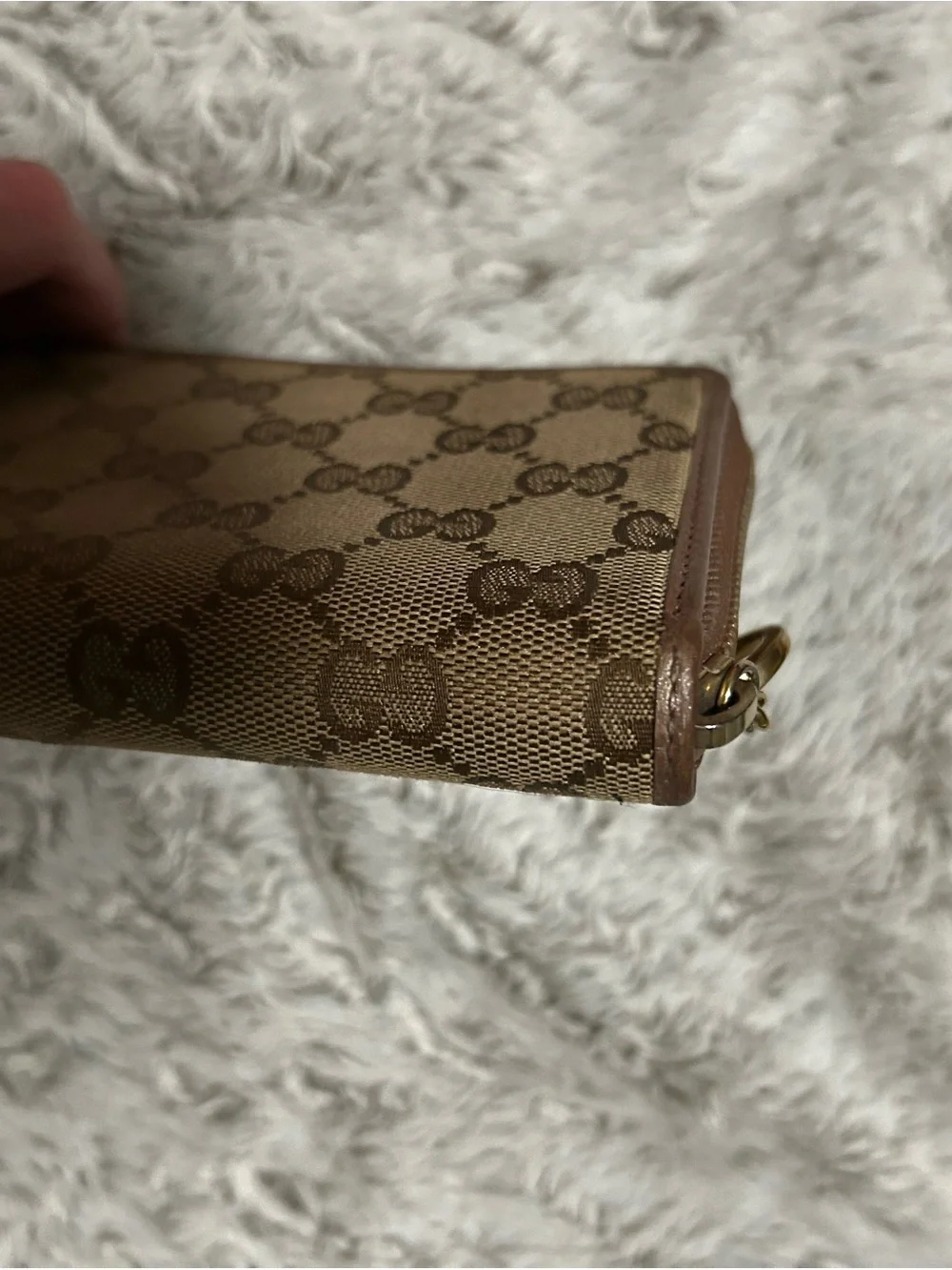 Gucci Continental Brown Monogram Zip Wallet with Metalic gold trimming